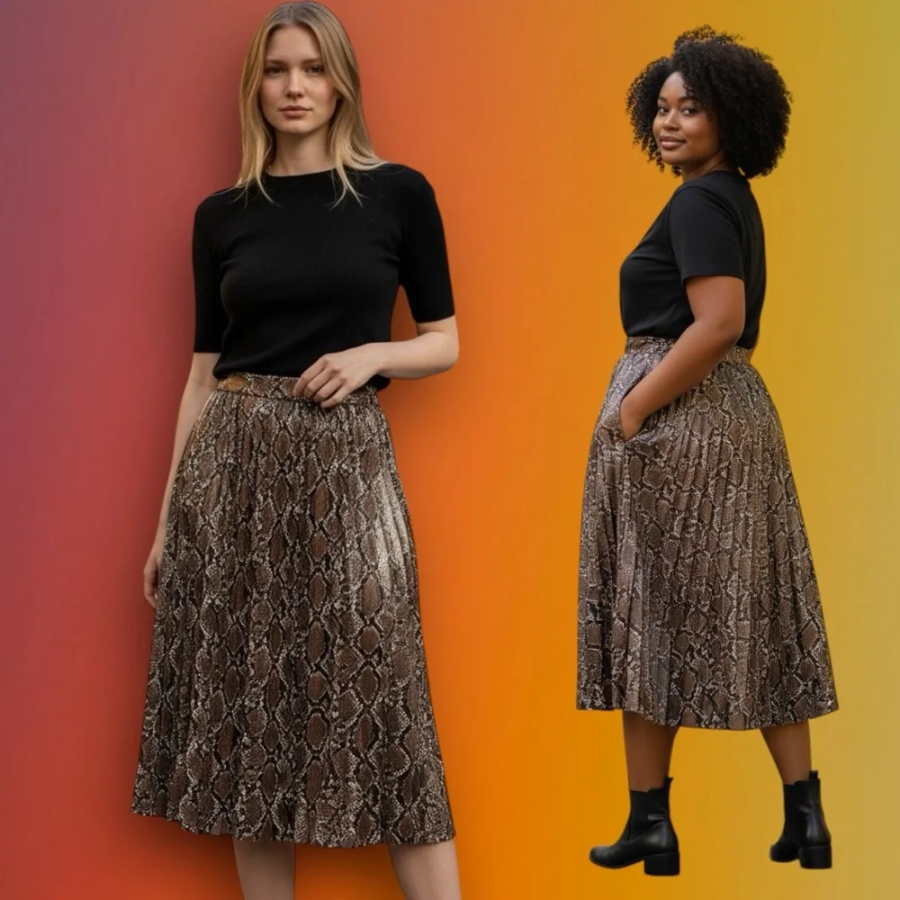 Zara Brown Snake-Print Pleated Midi Skirt - Picture 3 of 17